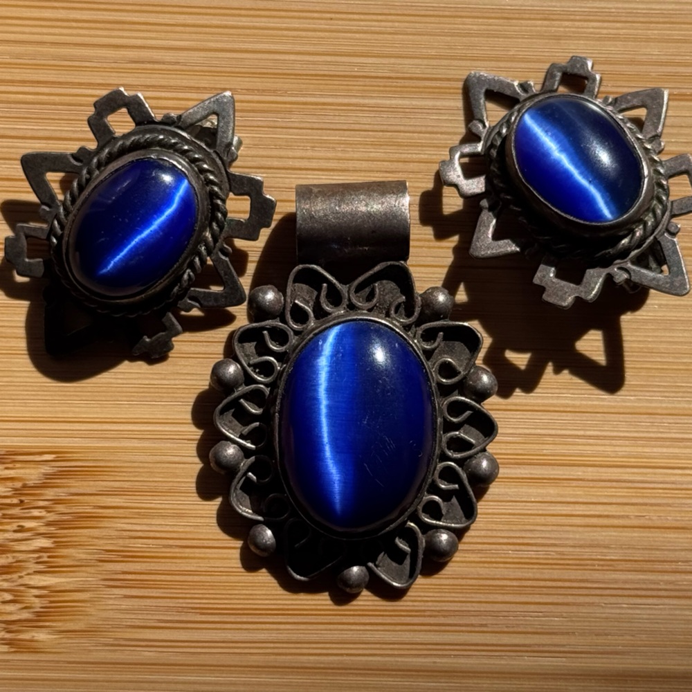 Mexican Silver Set: Clip-On Earrings and Pendant with Large Blue Stones